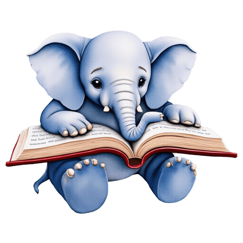 elephant reading a book, watercolor style
