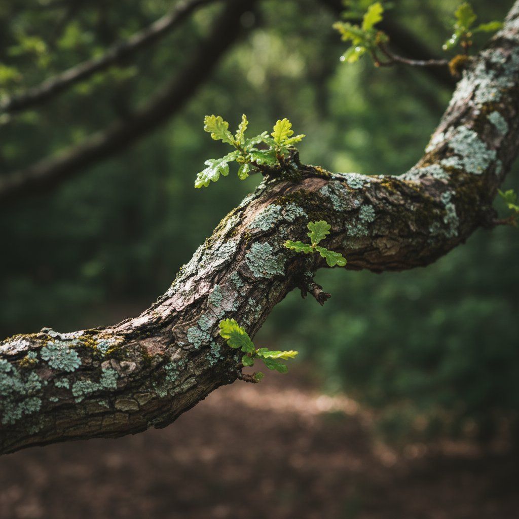 Tree branch covered with moss and small green leaves in a forest background