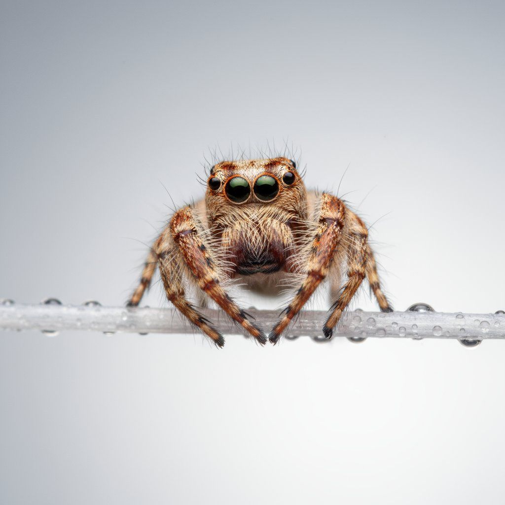 Close-up of a brown jumping spider on a thin branch with water droplets