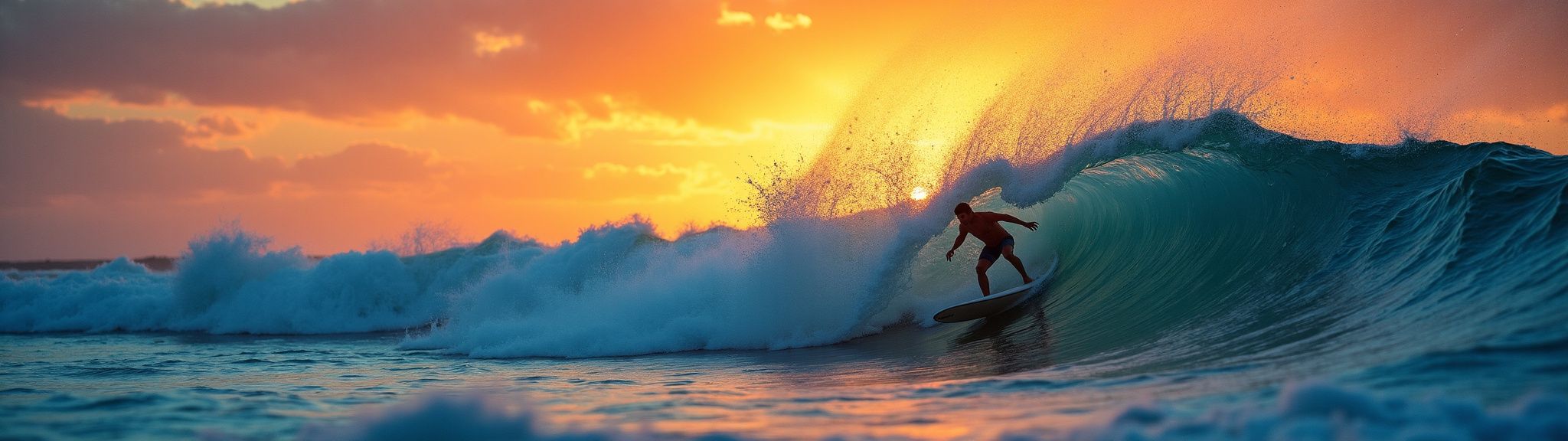 a silhouette of a lone surfer riding a massive wave under a sunset sky, water