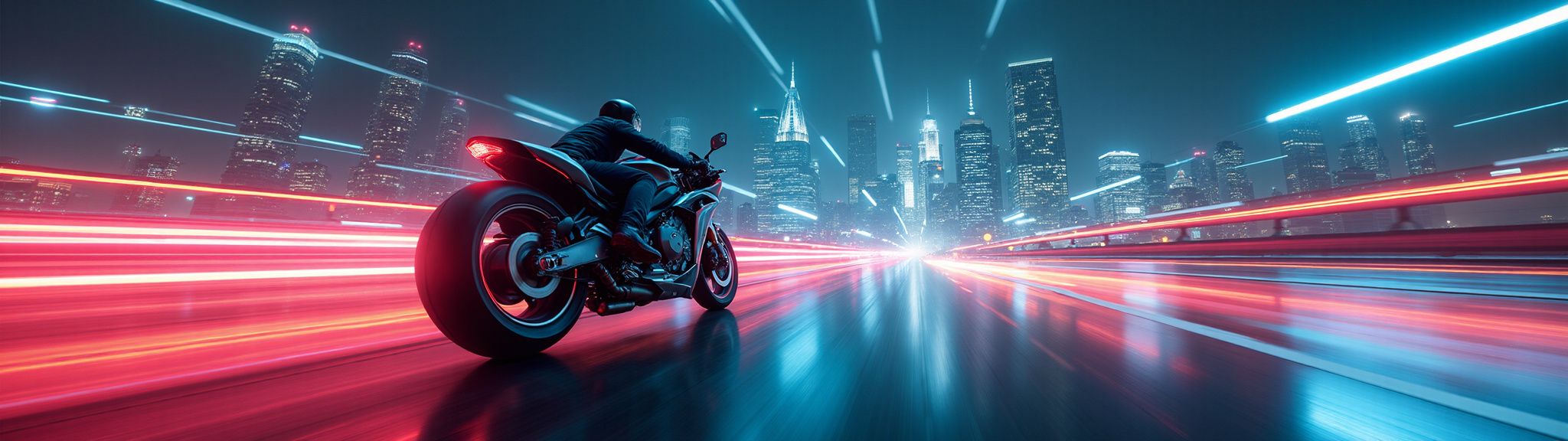 a futuristic motorcycle speeding along a neon-lit highway at night, streaks of light trailing behind