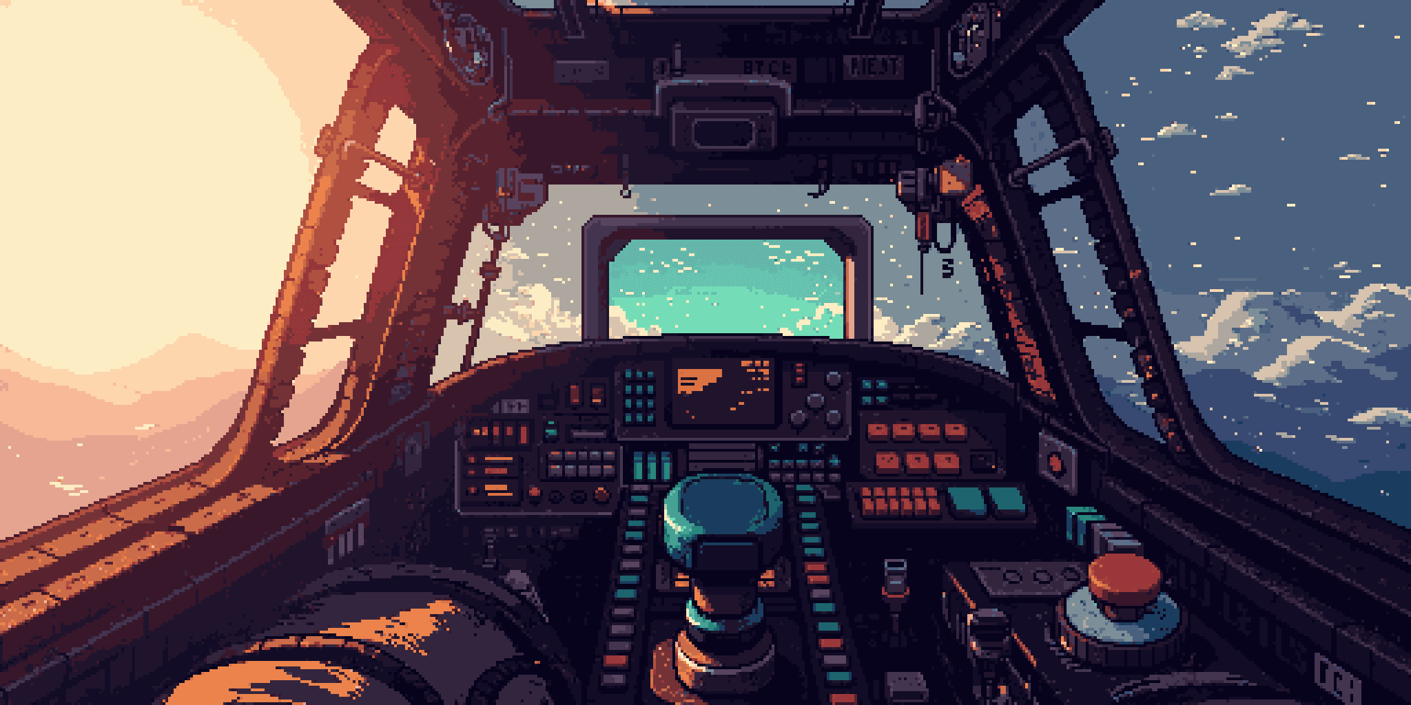 a pixel art cockpit view from a spacecraft, showing a vibrant sunset and clouds through the window