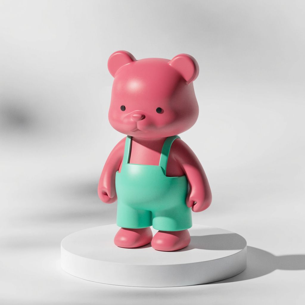 A 3D designer toy bear character in matte vinyl with pastel colors on a pedestal
