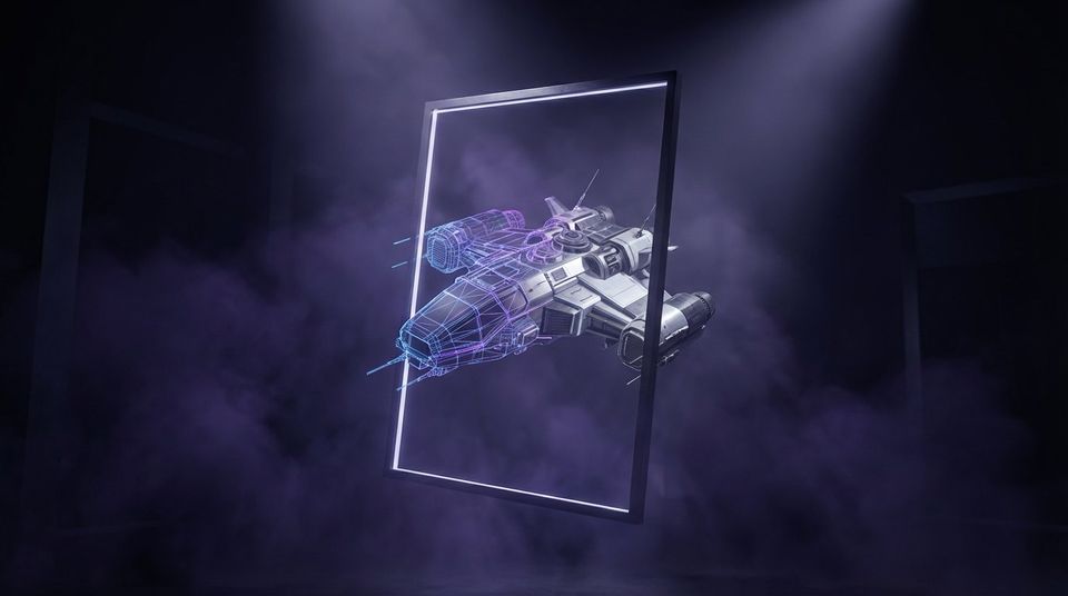 Floating luminous rectangular portal in a dark violet void chamber, holographic wireframe object inside rendered as a solid 3D model