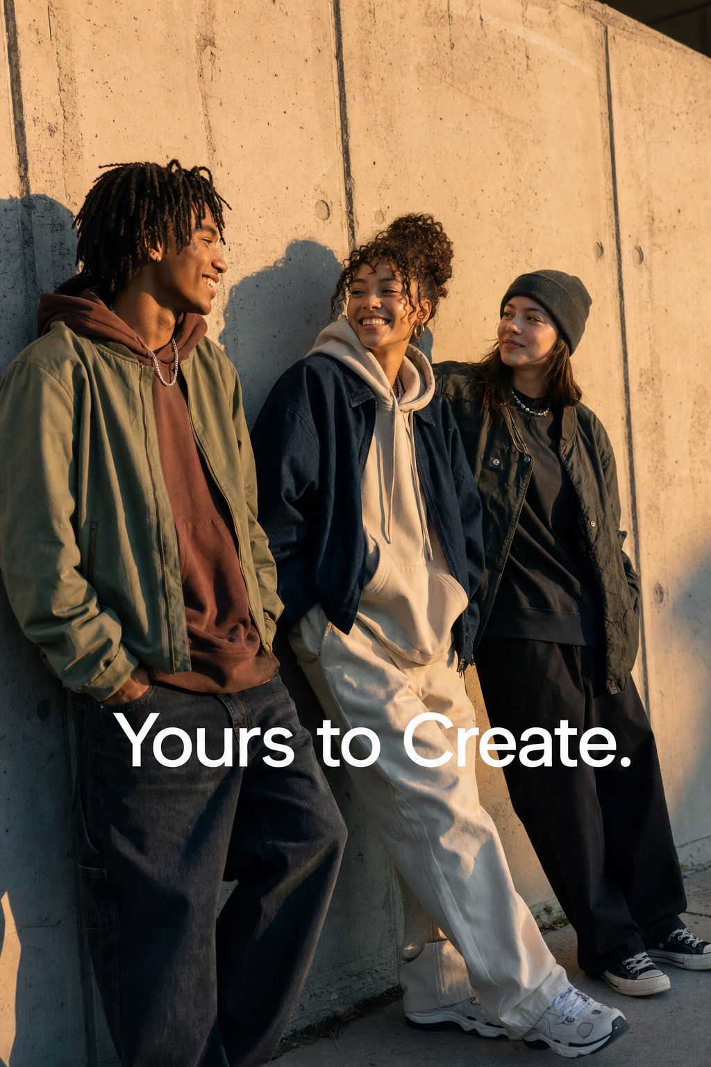 A fashion campaign image for a streetwear brand called Thread showing three friends in golden-hour light with the tagline Yours to Create