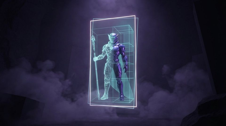 Floating luminous rectangular portal in a dark violet void chamber, human figure inside with green analytical overlays