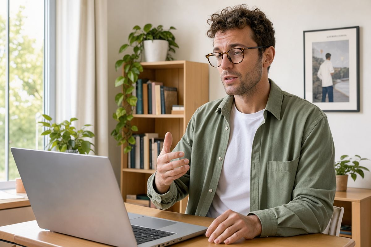 A man with curly hair and tortoiseshell glasses in a sage green overshirt gesturing at an open laptop, framed on the right side of a bright home office with a bookshelf, a trailing plant and a framed print