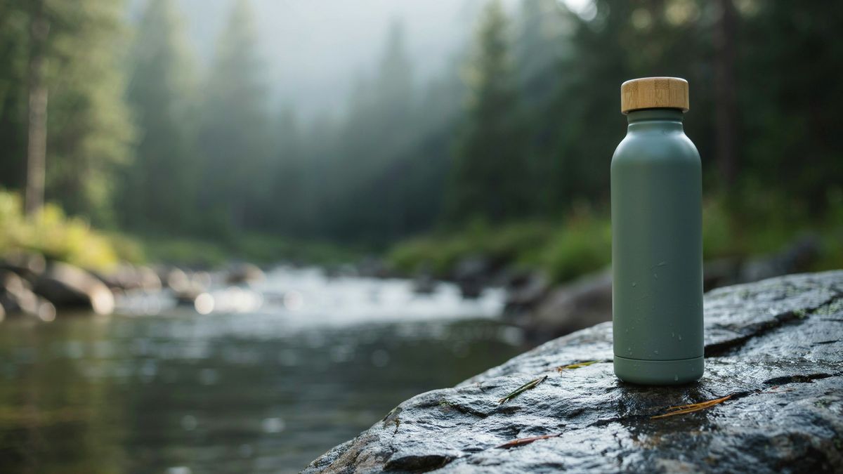 A matte sage green water bottle with a bamboo cap on a wet granite rock beside a stream, in the right third of the frame, with soft out-of-focus pine forest on the left