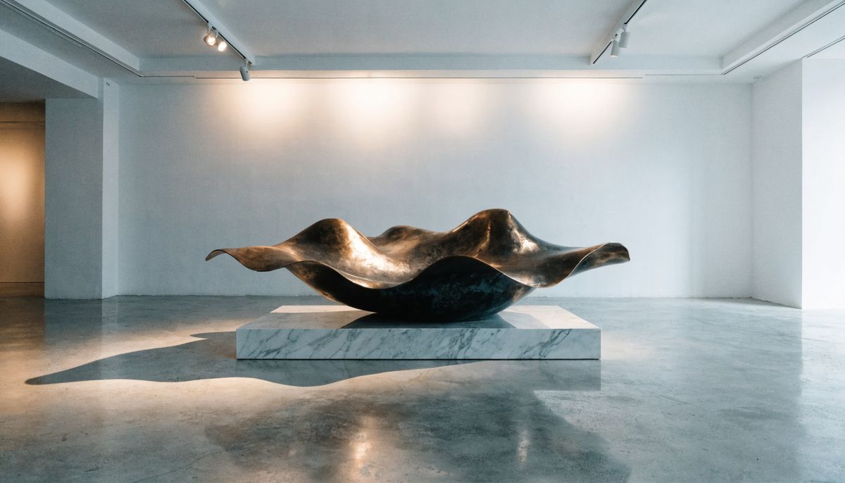 A minimalist modern art gallery interior with a single large abstract bronze sculpture on a low white marble pedestal
