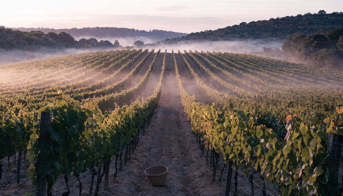 A misty Mediterranean vineyard at sunrise with a wicker basket on a dirt path between rows of grapevines