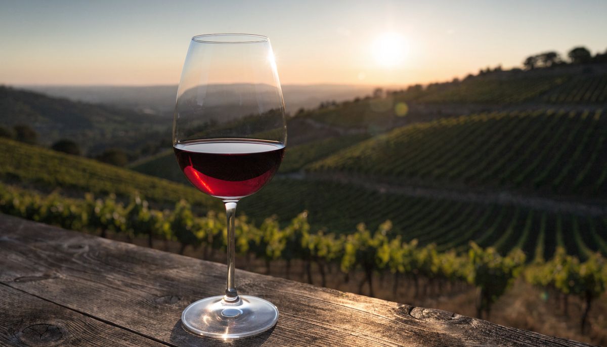 A glass of deep ruby red wine on a weathered wooden table with vineyard slopes at golden hour blurred behind