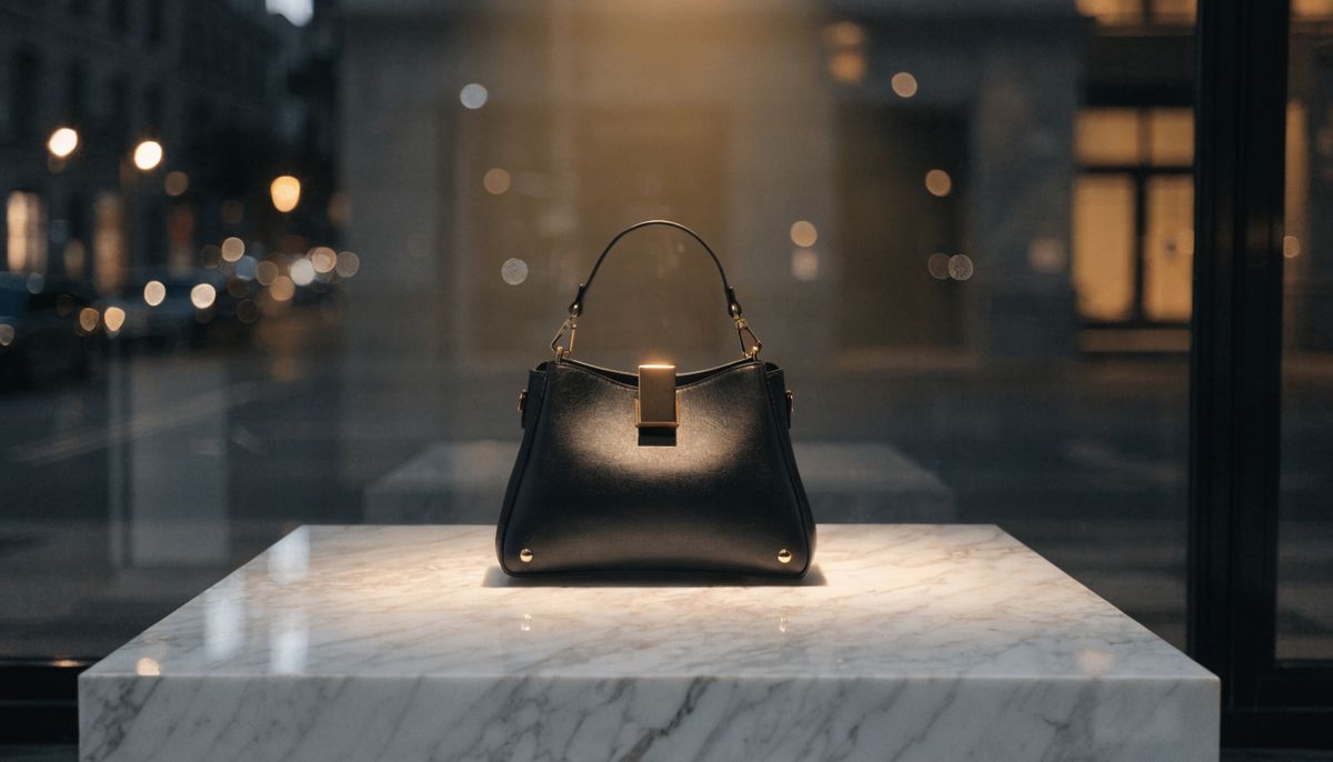 A matte black designer leather handbag with gold hardware on a polished white marble plinth in a boutique window