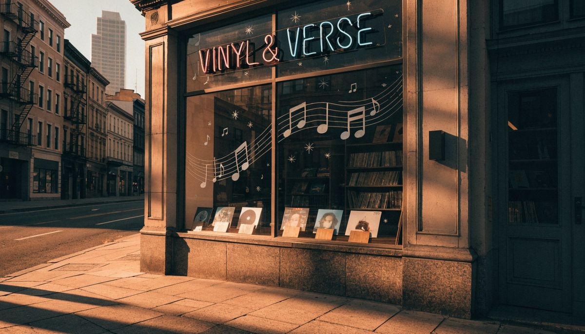 A vintage record store storefront at golden hour with a pink and cyan neon sign reading VINYL & VERSE