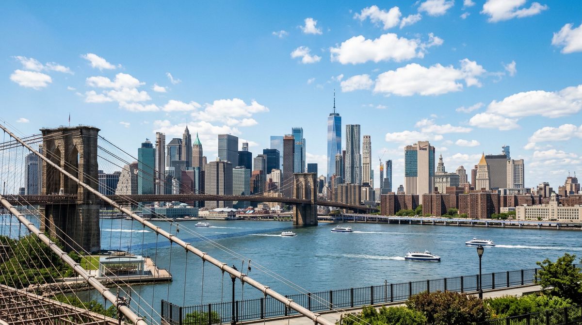 A wide skyline view of Manhattan from across the East River at midday under a clear blue sky