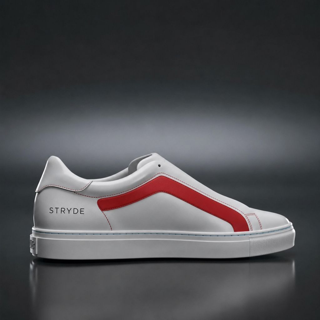 Edited version of the same first frame: the same white sneaker now with a red side stripe, the wordmark STRYDE on the heel counter, red contrast stitching, and a pale blue sole accent
