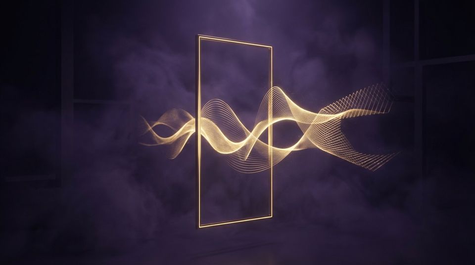 Floating luminous rectangular portal in a dark violet void chamber, golden sound waves forming structured light patterns inside