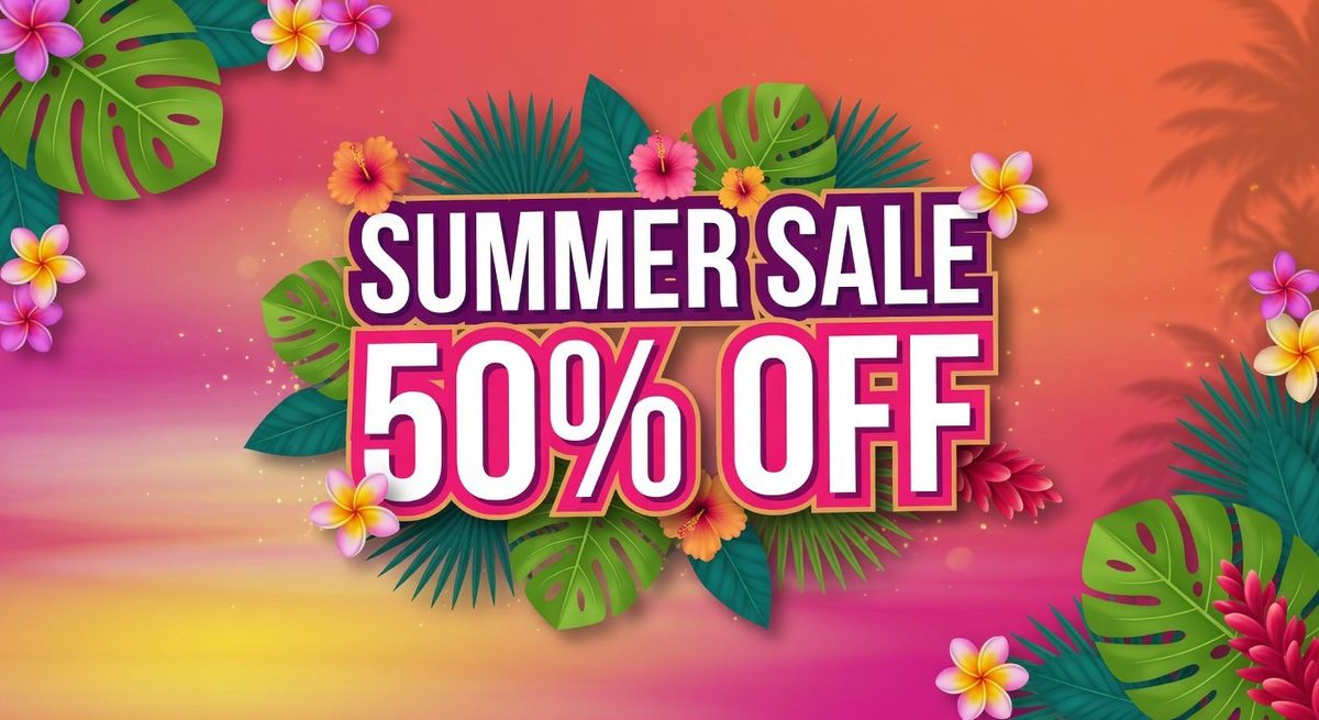 A vibrant social media banner with bold white text SUMMER SALE 50% OFF on a tropical sunset background