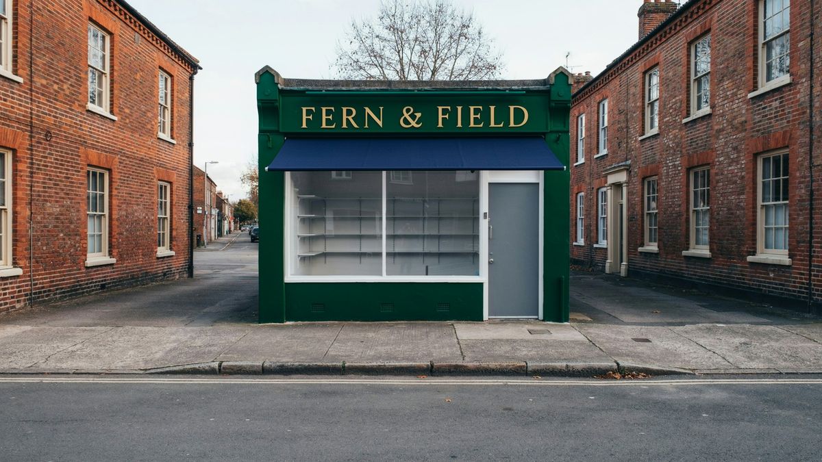 The same shop front with a solid navy blue awning in place of the striped one