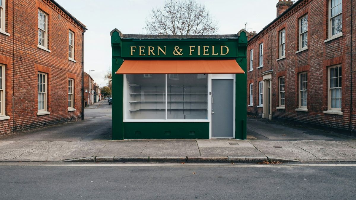 The same shop front with a solid terracotta awning in place of the striped one