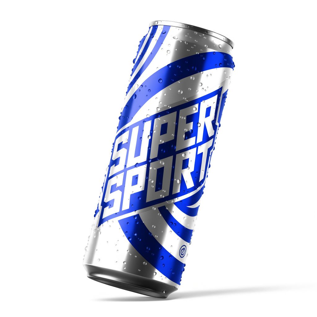 A sports drink can mockup in electric blue and silver branding