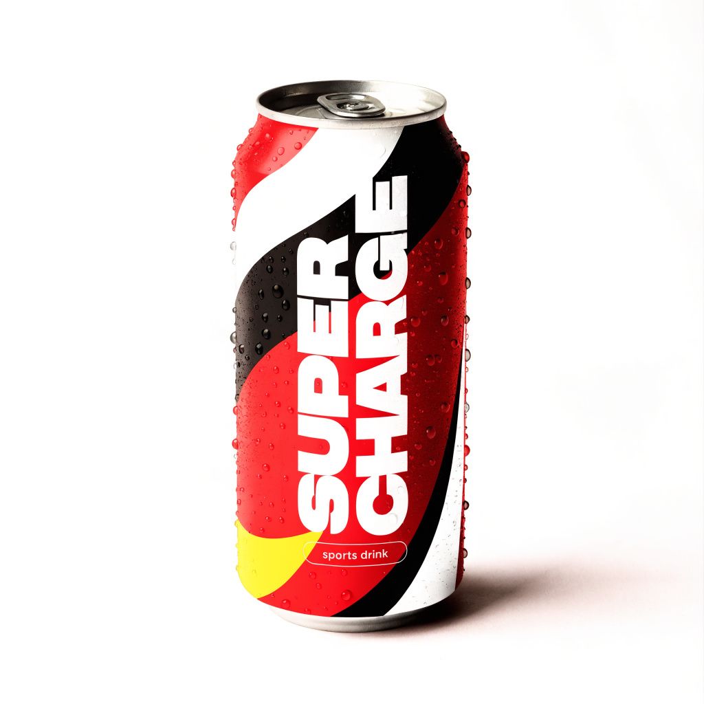 A sports drink can mockup in bold red and white branding