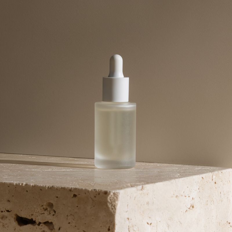 A frosted glass serum bottle on a travertine block shot from below, throwing a long shadow to the left