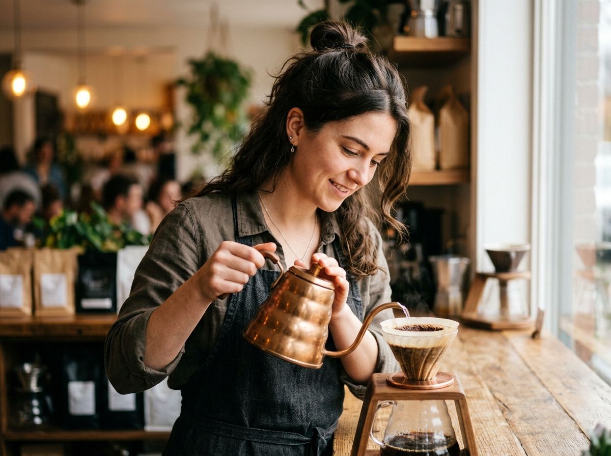 A barista at a cafe counter in tight head-and-shoulders framing with a blurred background