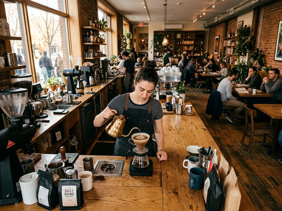 The same barista and cafe counter shown wide, the whole interior visible with deep focus