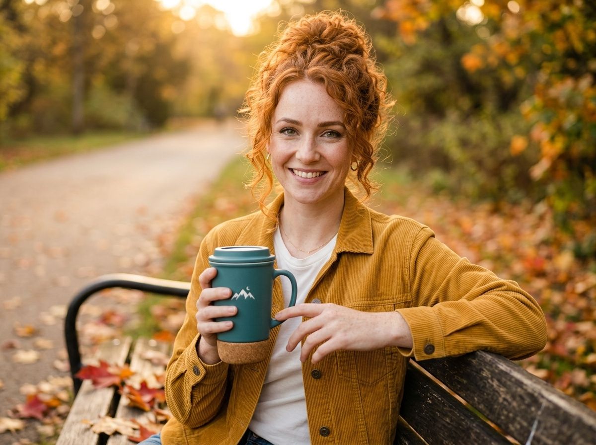 The red-haired woman in the mustard jacket sitting on a park bench holding the teal mountain-logo mug, autumn leaves around her