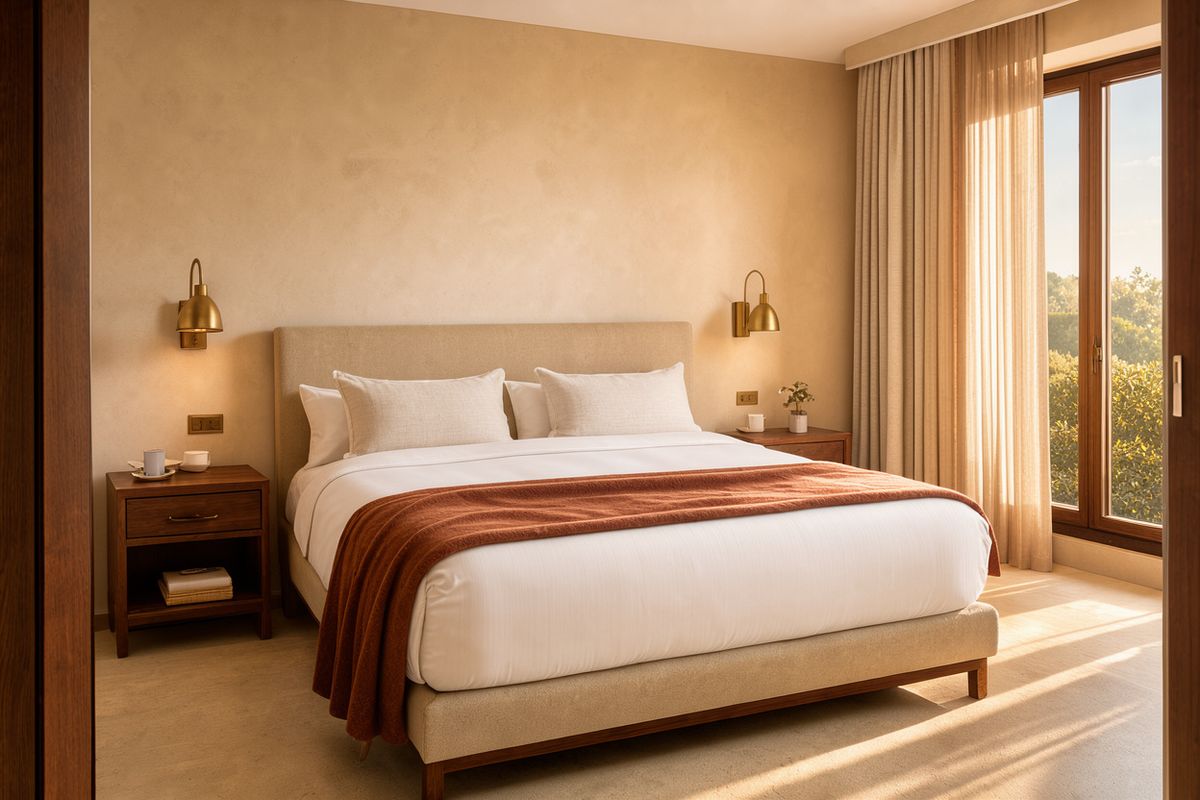 A boutique hotel room with a white king bed and a rust wool throw, brass wall lamps on a limewashed plaster wall and sunlight coming through sheer curtains on the right