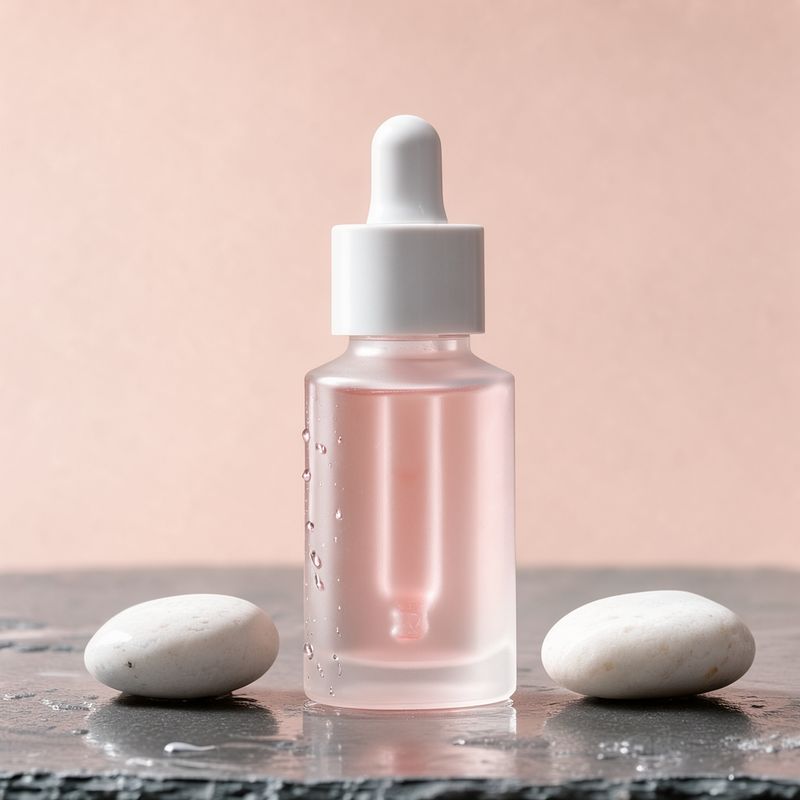 A frosted glass dropper bottle of pale pink serum with no label, standing on wet slate between two white pebbles against a blush backdrop