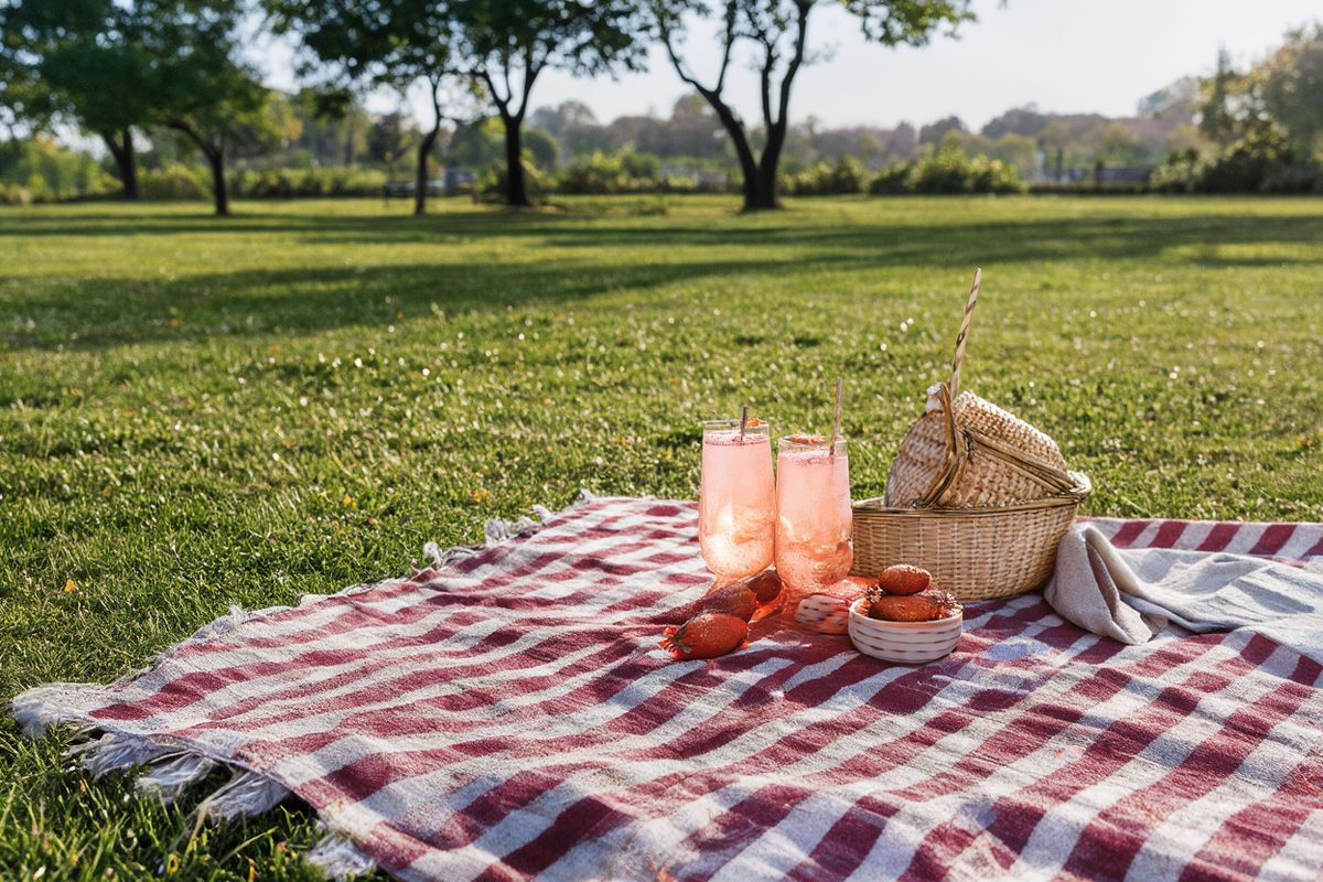 A washed-out picnic on a striped blanket in a park with a tote-like basket, two glasses of lemonade and a bowl of orange fruit, the blanket small in the frame