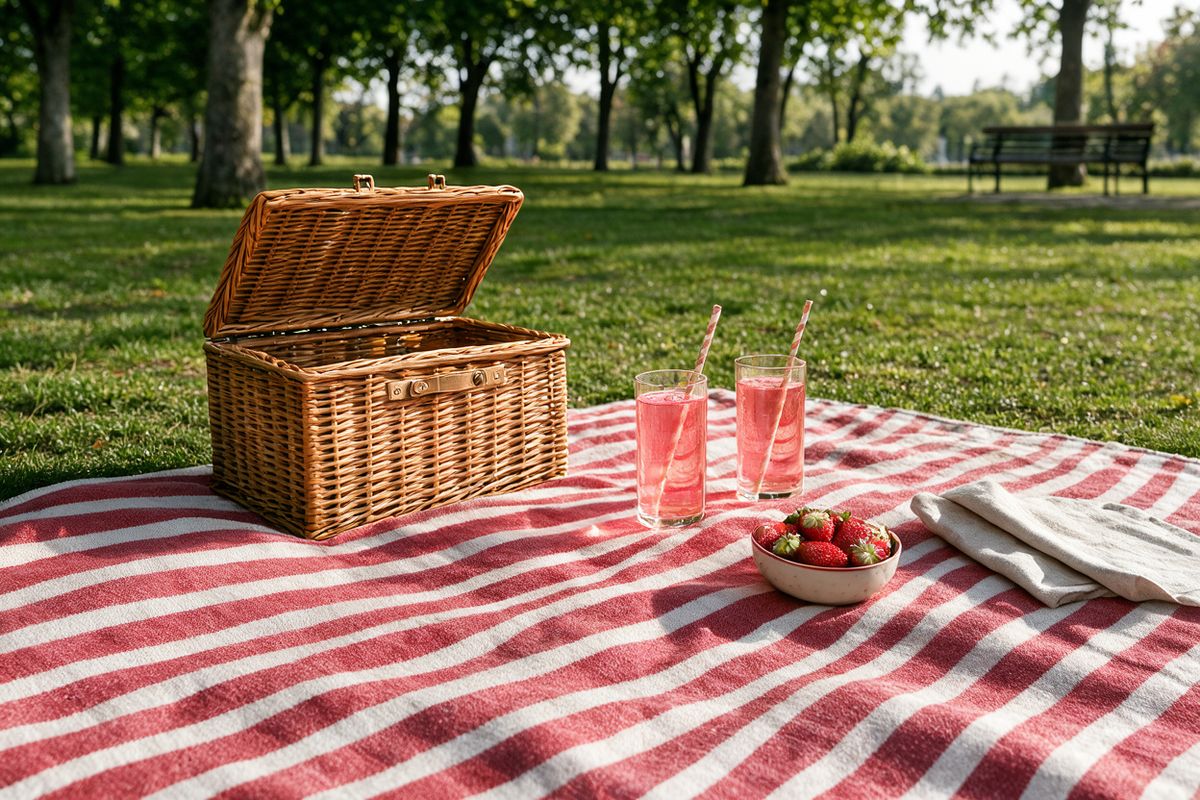 A picnic filling the lower frame with a red and white striped blanket, an open wicker hamper, two glasses of pink lemonade with paper straws, a bowl of strawberries and a linen napkin, a park bench behind