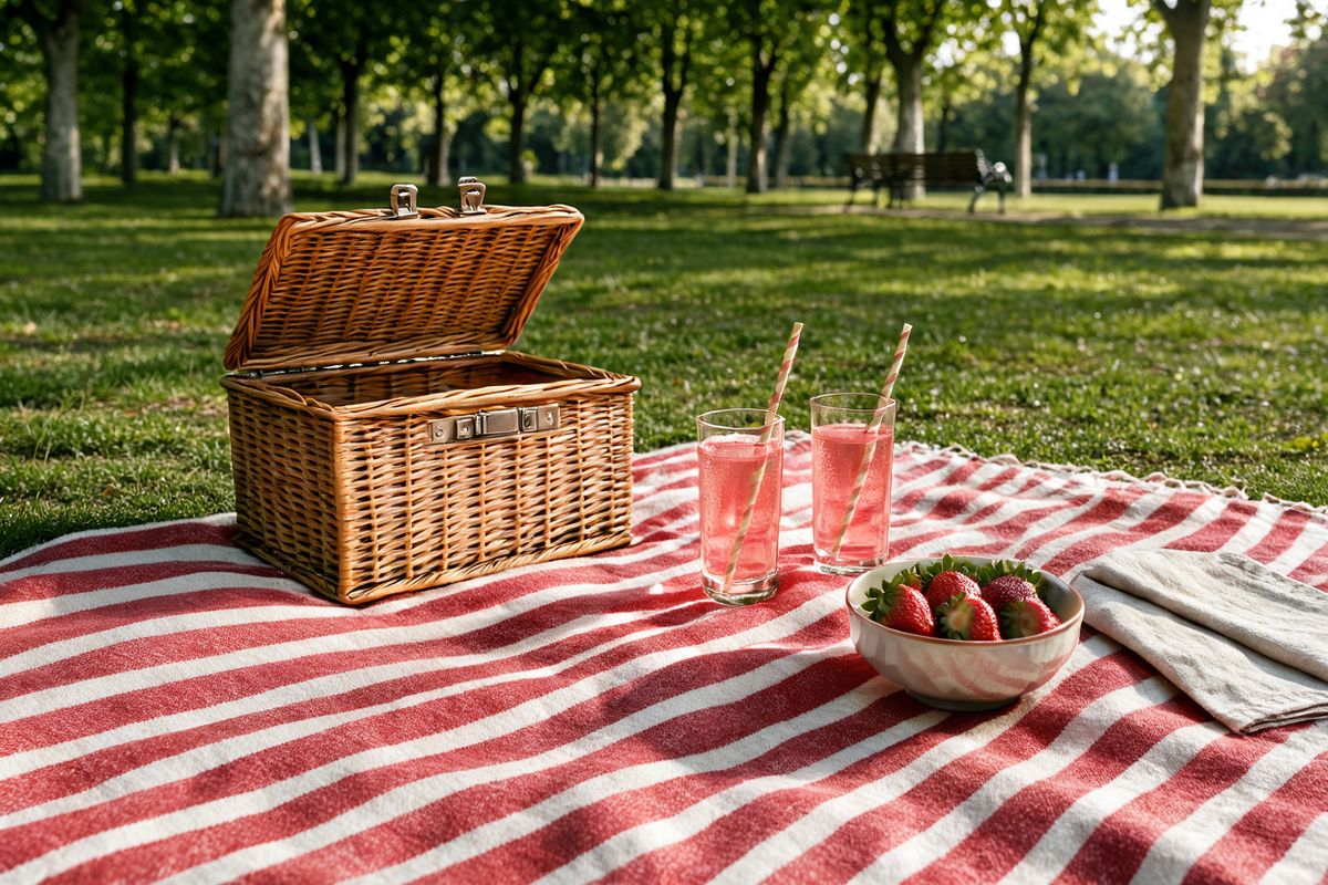 The same picnic with deeper reds and stronger contrast, the open hamper, lemonade, strawberries and napkin in the same arrangement