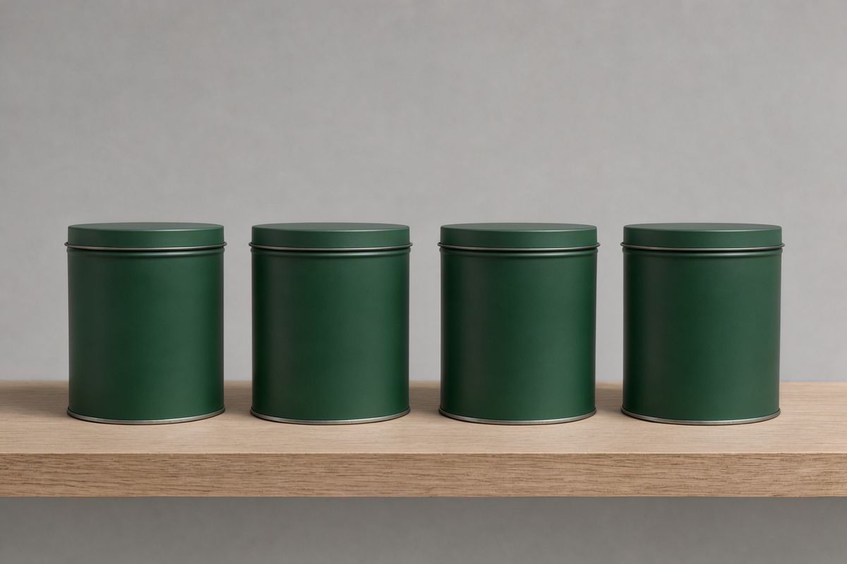 The same four tins now finished in deep forest green on the same oak shelf