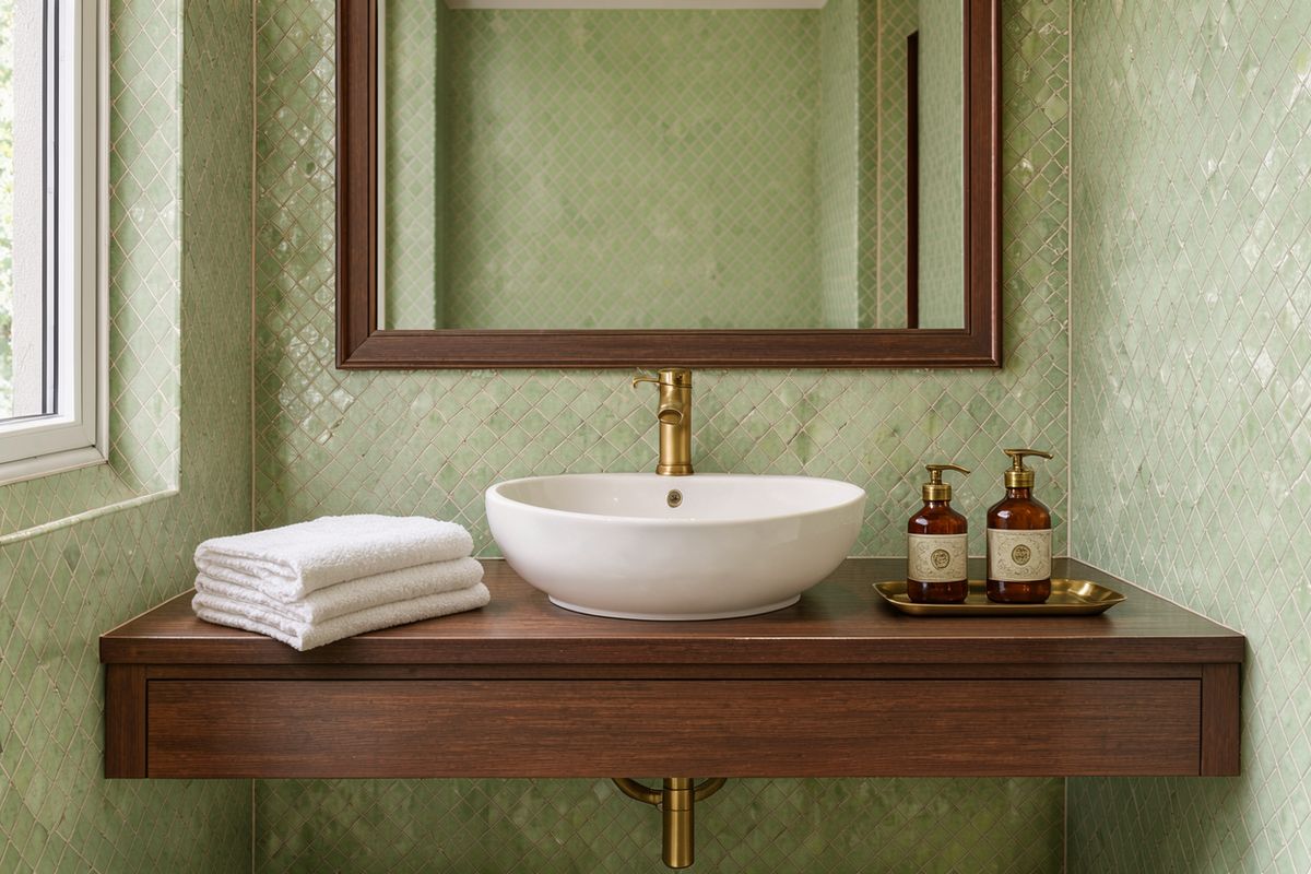 The same vanity with folded white towels on the left and two amber bottles on a brass tray on the right