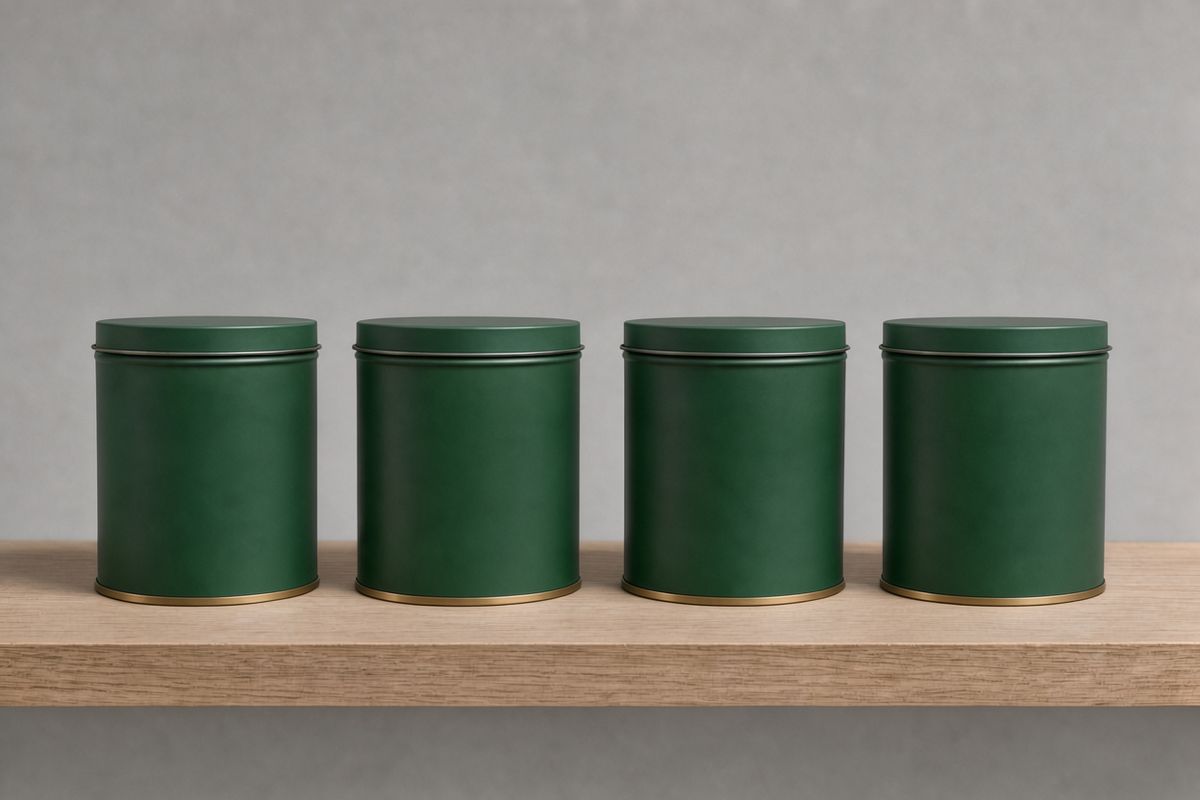 The green tins with a brushed brass band added around the base of each one