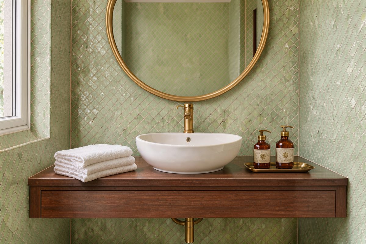 The same vanity with the rectangular mirror replaced by a round mirror in a thin brass frame