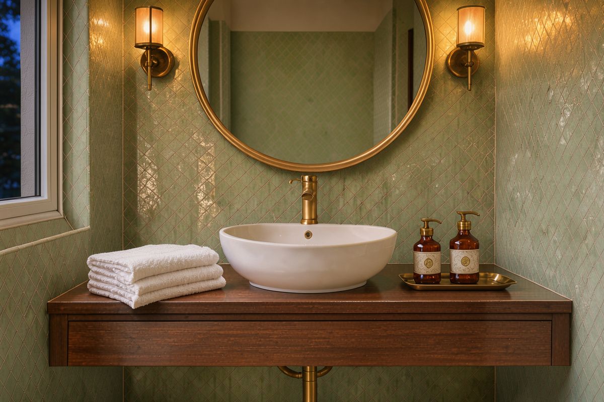 The same vanity in the evening, lit by two brass wall sconces beside the round mirror, with dusk in the window