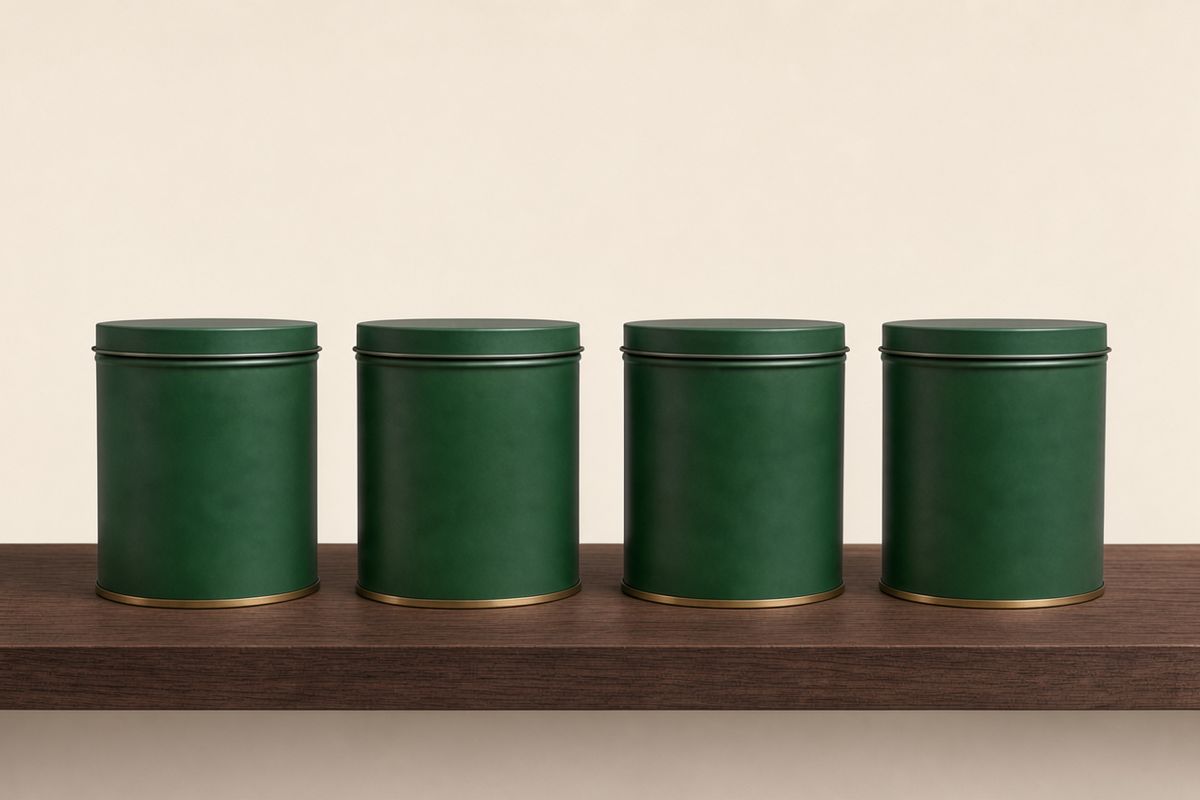The same green and brass tins now on a dark walnut shelf against a warm cream wall