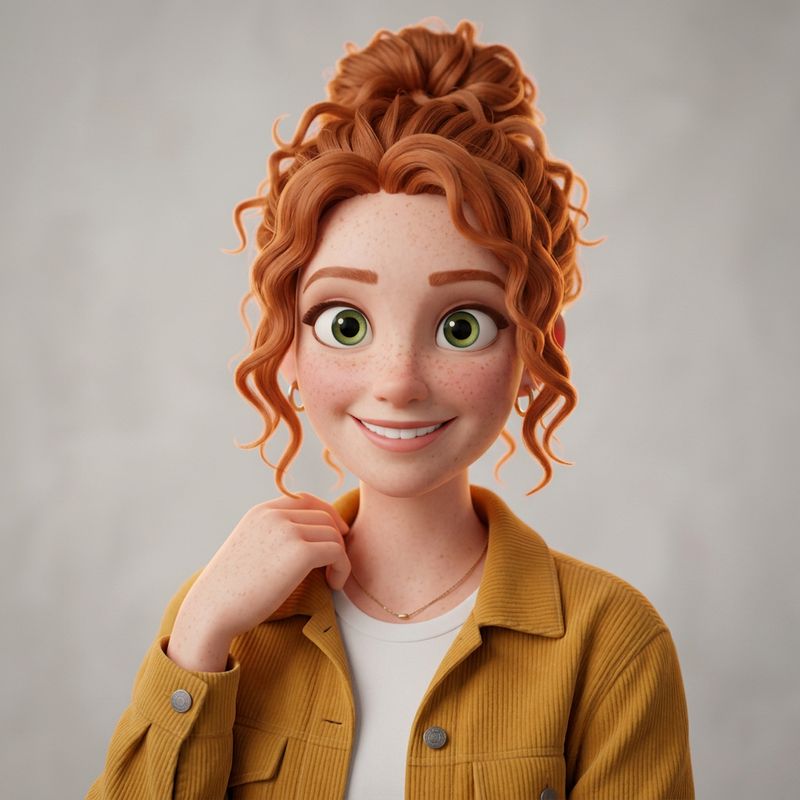 The same red-haired woman rendered as a 3D animated character, keeping her freckles, green eyes, and mustard jacket