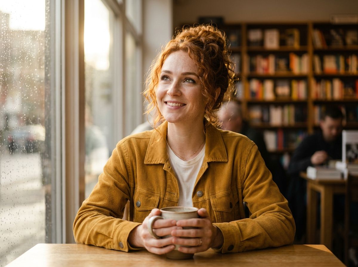 The same red-haired woman sitting in a bookstore cafe holding a mug, sunlight from the window