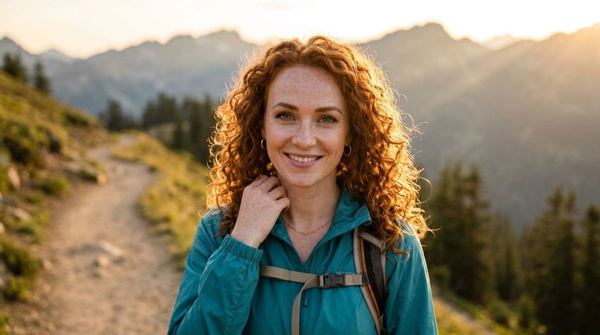 The same red-haired woman on a mountain trail at sunset wearing a teal windbreaker and a backpack