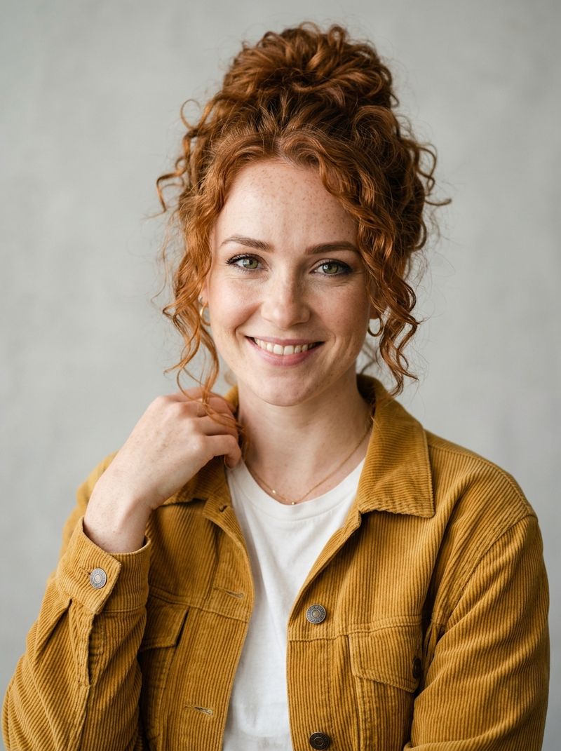 A studio portrait of a woman with curly copper-red hair in a bun, freckles, green eyes, and a mustard-yellow corduroy jacket