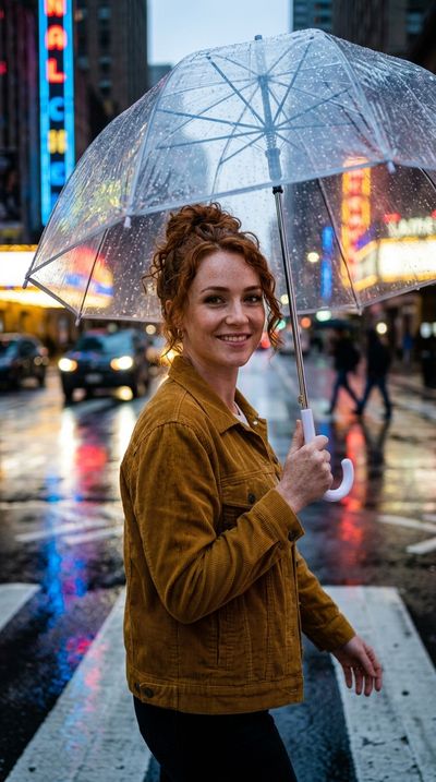 The same red-haired woman crossing a rainy street at dusk holding a clear umbrella, neon reflections on wet asphalt