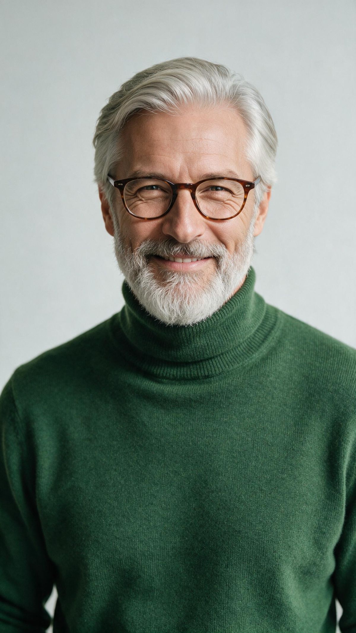 A studio portrait of a man in his fifties with a full silver-grey beard and glasses in a forest-green roll-neck jumper