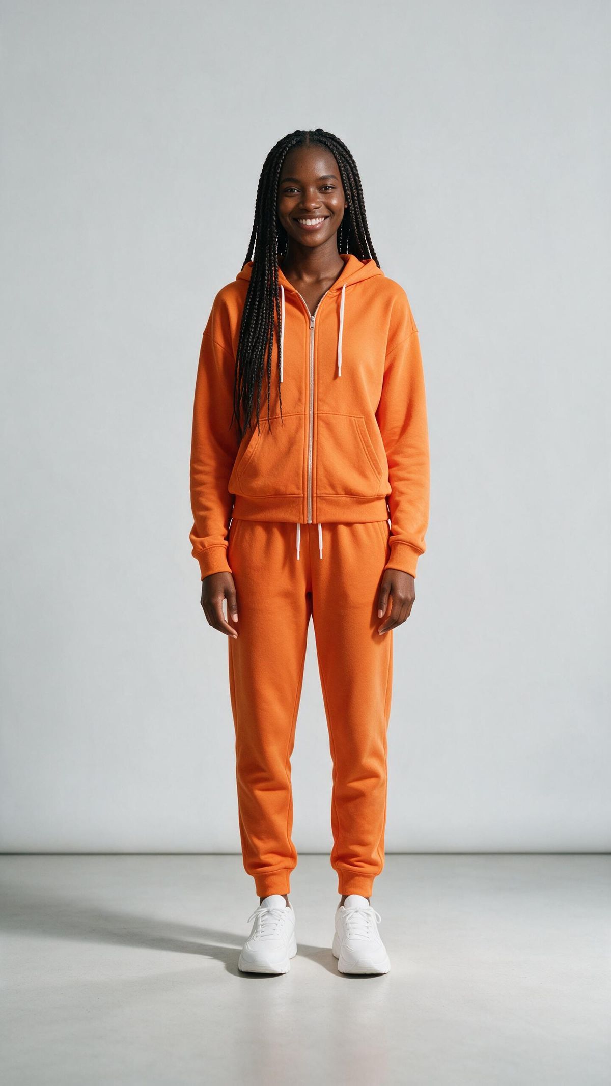 A full-length studio portrait of a woman with long dark box braids in a bright orange tracksuit