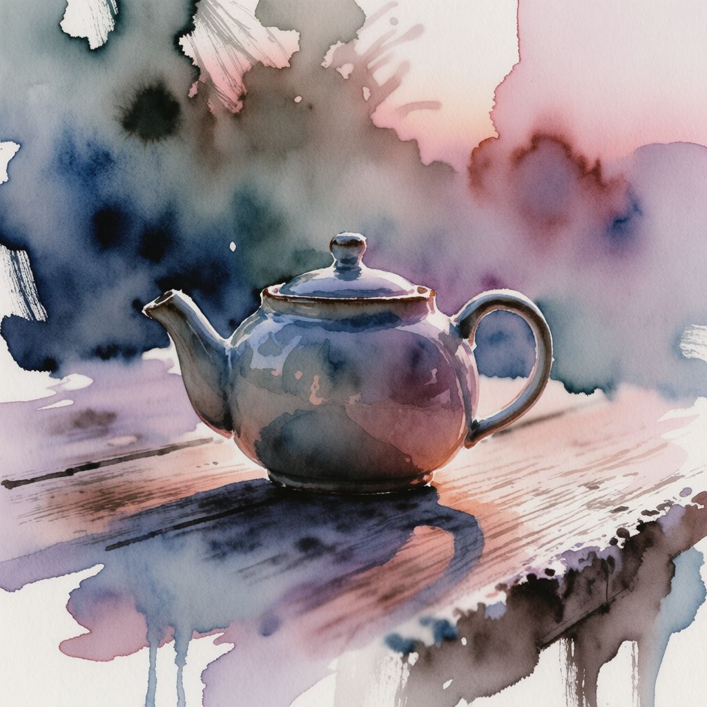 A ceramic teapot on a wooden table in watercolor style with looser, more atmospheric composition
