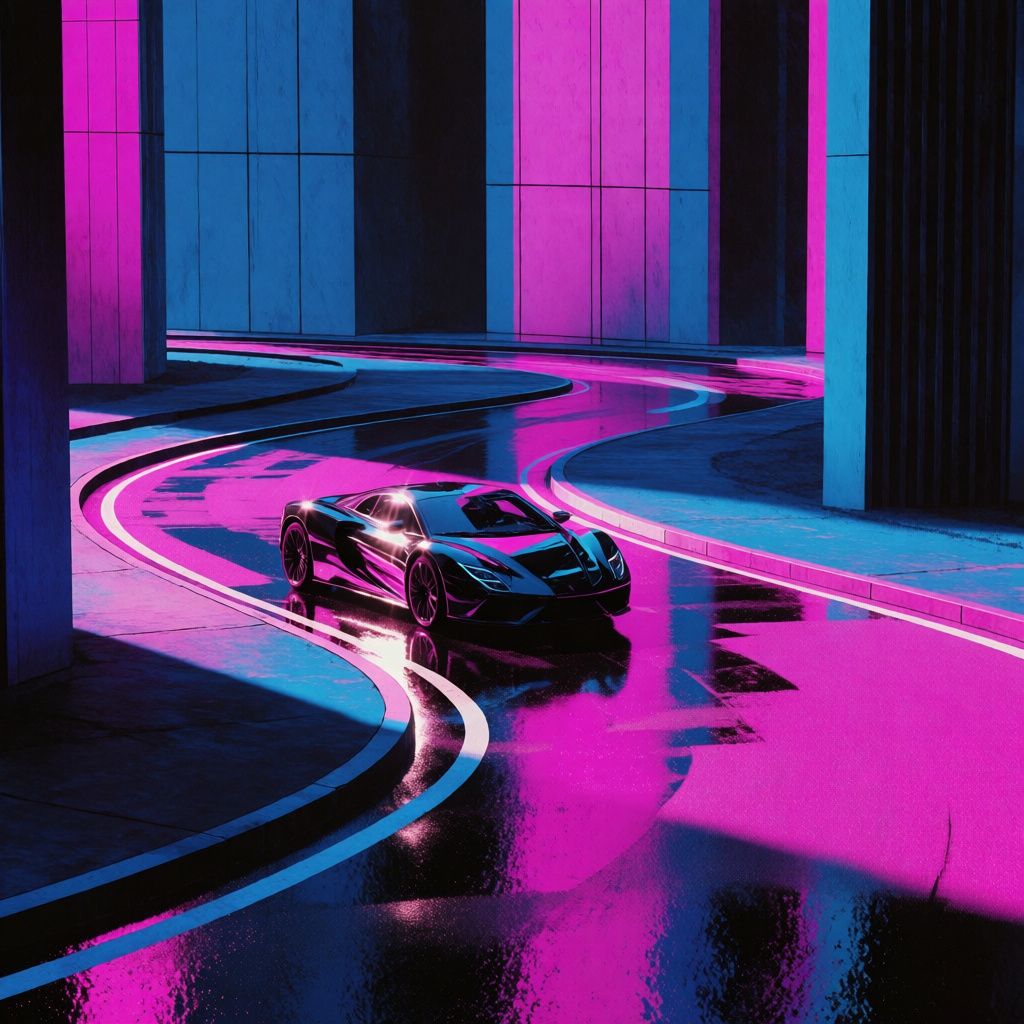 A black sports car with heavy retrowave aesthetic, glowing neon reflections, and cinematic atmosphere
