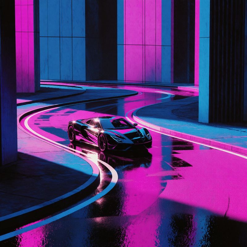 A black sports car with heavy retrowave aesthetic, glowing neon reflections, and cinematic atmosphere